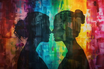 Lesbian couple in love with LGBT colors to celebrate gay pride day, their silhouettes illuminated by the vibrant colors of the pride flag, symbolizing their love and commitment to each othe
