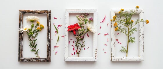 Set of three photo frames with flowers on white background. Ideal for weddings, baby showers, and other celebrations. - obrazy, fototapety, plakaty