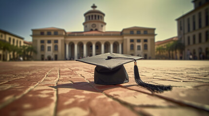graduation gown and cap in the college campus. - obrazy, fototapety, plakaty