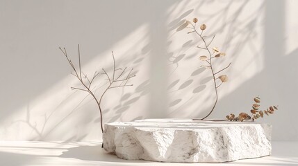 white podium stage background with white stone and branch. 3d rendering . ai generative