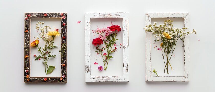 Set of three photo frames with flowers on white background. Ideal for weddings, baby showers, and other celebrations.