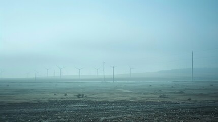 Defocused wind farm landscape In the background a sea of indistinct wind turbines creates a dreamlike backdrop for the barren industrial land shrouded in a thick layer of fog. . - obrazy, fototapety, plakaty