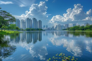 A lake with a city in the background and clouds in the sky above it and a few lily pads in the