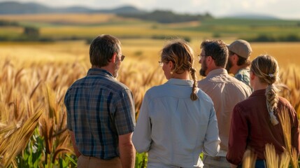 A group of farmers standing in a field examining crops that are thriving despite a lack of rain. The image captures the hope and potential of using gene editing for droughtresistant .