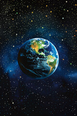Planet earth floating in outer space, Educational illustration for children about astronomy and the solar system. Vertical image with copy space for teachers and educators.