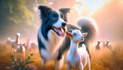 A border collie dog herds a goat