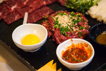 View of the beef sashimi on the plate