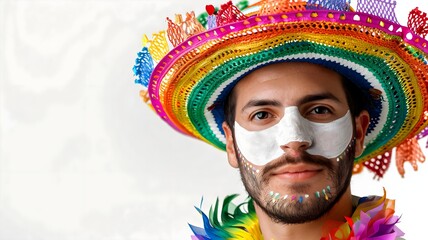  A man donning a festive Cinco de Mayo ensemble, featuring a colorful hat on his head and white costume makeup on his face, against a pure solid white background. 
