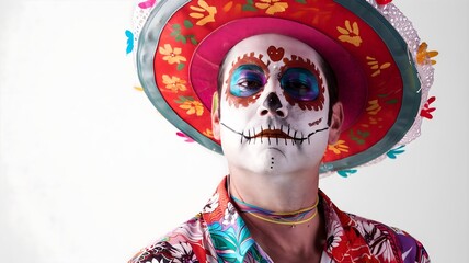  A man donning a festive Cinco de Mayo ensemble, featuring a colorful hat on his head and white costume makeup on his face, against a pure solid white background. 
 - obrazy, fototapety, plakaty