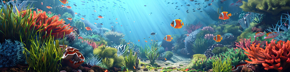 Obraz na płótnie Canvas Underwater Adventure: 3D Model of a Playground with Animated Sea Life and Colorful Coral