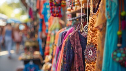 Fototapeta premium The soft focus captures the essence of a bohemian outdoor market with colorful vintage clothing and unique trinkets creating a whimsical background for shoppers browsing under the .