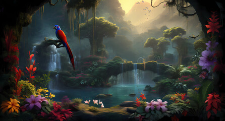 A vibrant jungle scene with exotic birds and flowers - obrazy, fototapety, plakaty