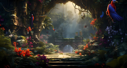 A vibrant jungle scene with exotic birds and flowers - obrazy, fototapety, plakaty