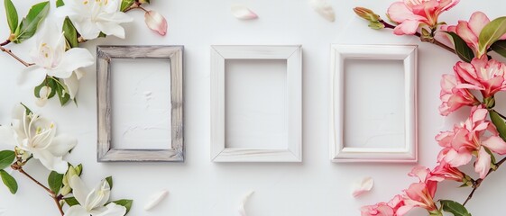 White picture frames adorned with delicate flowers. Floral photo frames as a symbol of celebration and beauty. - obrazy, fototapety, plakaty