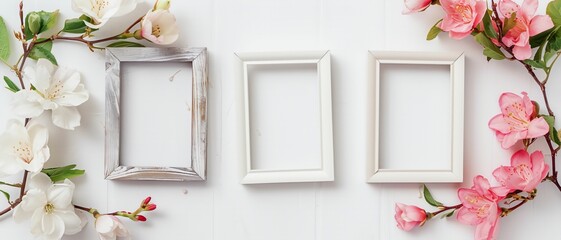 White picture frames adorned with delicate flowers. Floral photo frames as a symbol of celebration and beauty. - obrazy, fototapety, plakaty