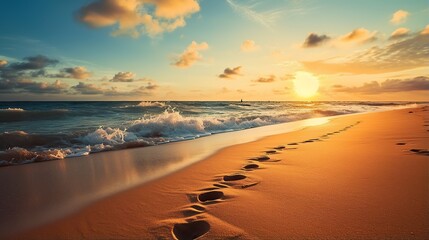 footsteps on the beach, waves at sunset