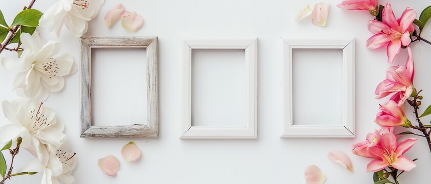 White picture frames adorned with delicate flowers. Floral photo frames as a symbol of celebration and beauty.