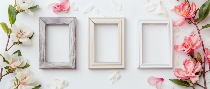 White picture frames adorned with delicate flowers. Floral photo frames as a symbol of celebration and beauty.