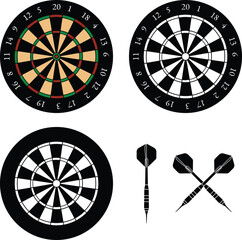 Dartboard and darts with numbers. Dartboard silhouette and dart symbols, crossed darts.