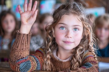 Brunette school girl raised hand to answer a teacher's question in a classroom - Powered by Adobe