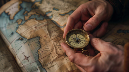 Hands Holding a Compass over an Old World Map