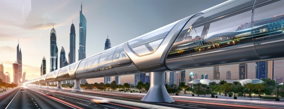 A network of elevated hyperloop tubes crisscrossing above a metropolitan skyline, with capsules whizzing by at breathtaking speeds, connecting distant parts of the city in minutes.