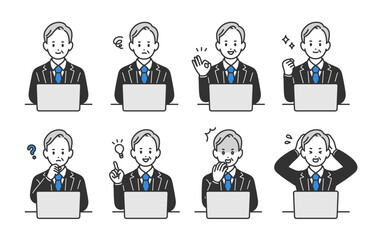 パソコンを見ながらいろいろな表情･ポーズをする経営者･社長のセット【人物ベクターイラスト素材】