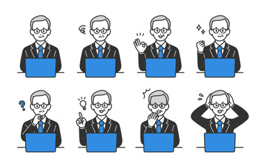 パソコンを見ながらいろいろな表情･ポーズをする経営者･管理職のセット【人物ベクターイラスト素材】