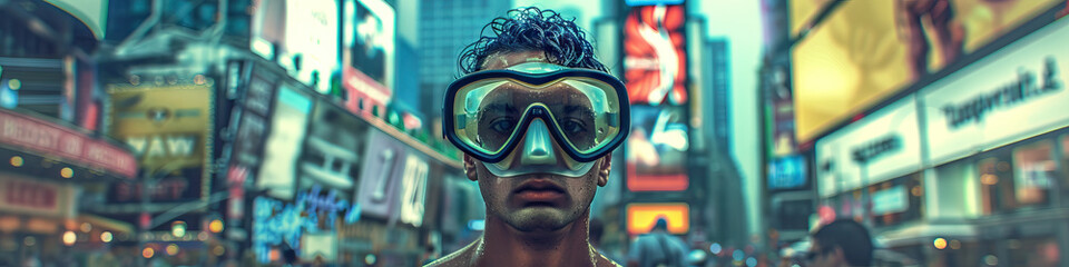 Someone wearing a snorkel mask and flippers in an unexpected setting, like a city street. - obrazy, fototapety, plakaty