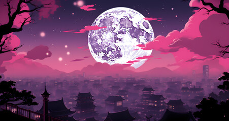 a full moon and a very pink city