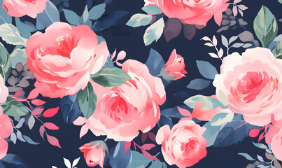Navy and pink rose pattern, watercolor painting, Generative AI