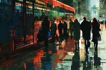 dynamic commuters waiting for bus in urban cityscape digital painting