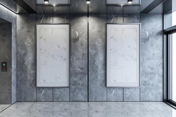 elevator poster mockup two vertical frames hanging on lift wall 3d rendering