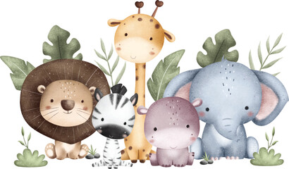 Watercolor Illustration Safari Animals and Tropical Leaves © Stella