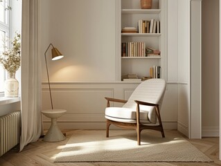 Fototapeta na wymiar A cozy reading nook with a mid-century modern chair, floor lamp, and a wall-mounted bookshelf 