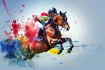 Fototapeten dynamic equestrian horse jumping over colorful paint splash sports illustration © Lucija