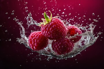 Raspberries in a splash of water on a red background