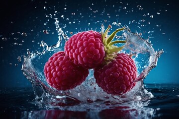 Fresh raspberries with water splash on blue background - obrazy, fototapety, plakaty