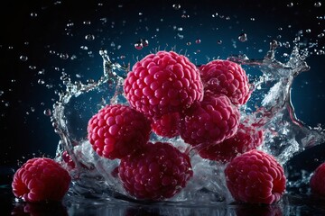 Raspberries fall into the water making splashes on dark background.