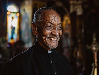 Fototapeta na wymiar A priest's serene smile, capturing the essence of peace and devotion in the church 