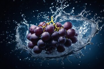 Fresh grapes with water splash on dark background