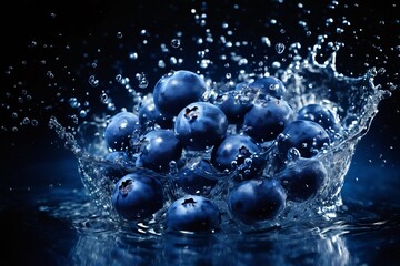Blueberries with splashes of water close-up on black background