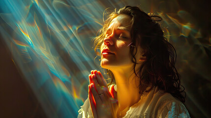 Naklejka premium Divine Light: Woman in Prayer, Bathed in the Radiance of Faith