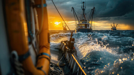View from the stern of a fishing boat returning to harbor, tracing the way back, water shimmering with the afternoon sun. A day in the hard life of professional fishermen. - Powered by Adobe