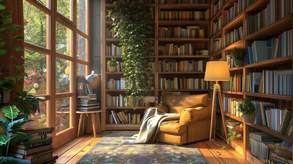 Cozy Home Library with Armchair by the Window