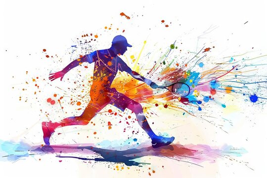 dynamic tennis player in colorful splatter paint action pose abstract illustration