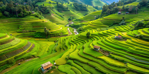 Fototapeta premium top view of rice terraces island, generative Ai