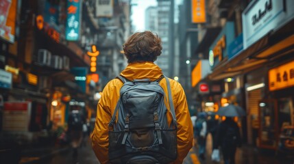 Man in yellow jacket walking through an urban alley filled with neon signage, concept of exploration and urban lifestyle