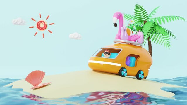 3D tourist bus running on the island with boy, tree, guitar, luggage, sunglasses, flower, flamingo. summer travel concept, 3d render illustration, alpha channel