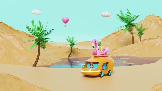 3D tourist bus running on desert with oasis, palm tree, lake, boy, tree, guitar, luggage, sunglasses, flower, flamingo, balloon in landscape composition, summer travel concept, 3d render illustration
